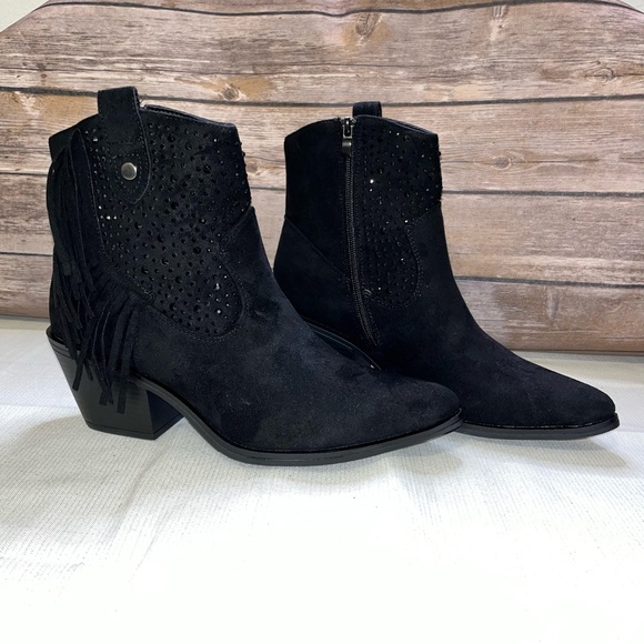 Southern Fried Chics Rhinestone Fringe Black Suede Cowgirl Booties Size 10 NWT - Picture 4 of 6
